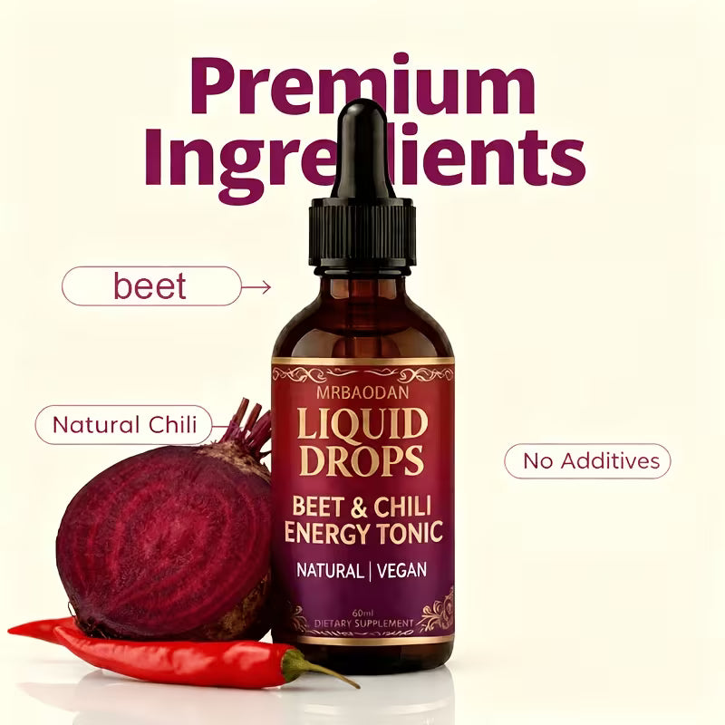 Bottle of beet and chili energy tonic with a beet and red chili on a beige background