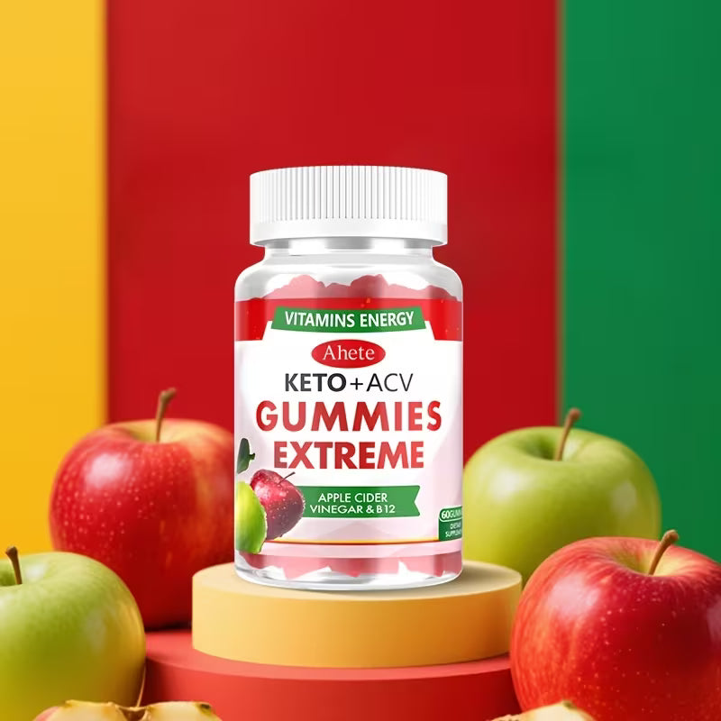Bottle of Ahote Keto+ACV Gummies Extreme with apples on a colorful background