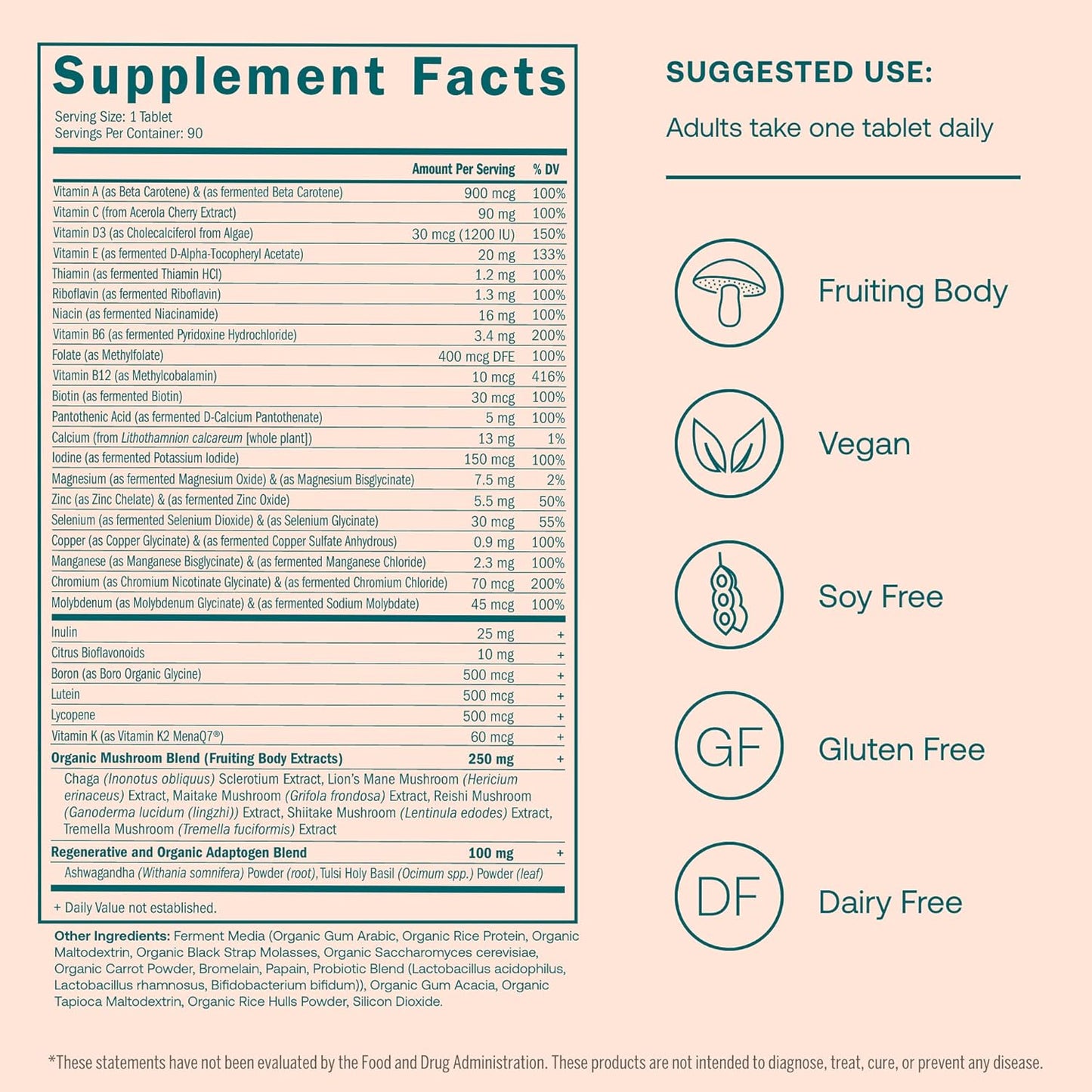 True Grace One Daily Women’s Multivitamin 40+ Fermented Minerals, Organic Adaptogens & Mushrooms Energy, Immune, Bone Support - Non-GMO - Iron, Gluten & Soy Free - 90 Vegan Tablets