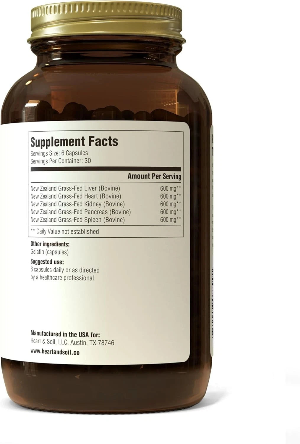Clear close-up of the supplement facts panel showing the blend of Beef Liver, Heart, Kidney, Spleen, and Pancreas.