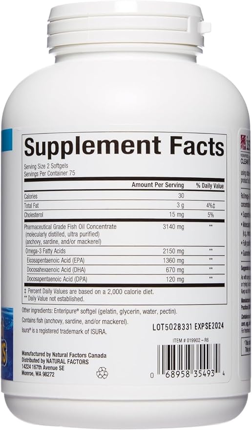 Close-up of the Supplement Facts panel for Natural Factors Ultra Strength RxOmega-3 Fish Oil, clearly showing the high potency: 2,150 mg of total Omega-3 Fatty Acids, including 1,360 mg of EPA and 670 mg of DHA per two-softgel serving.