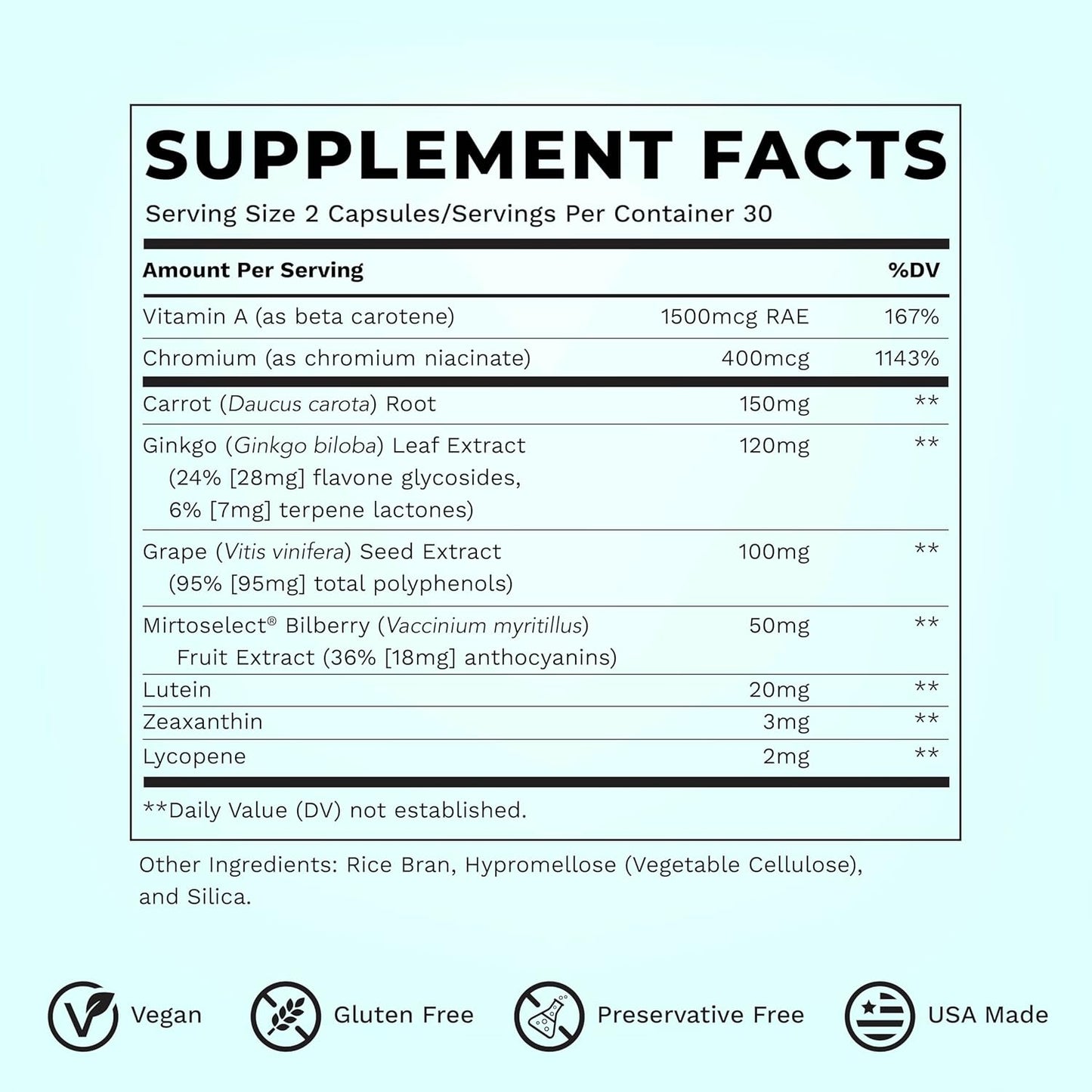 Supplement facts label with various nutrients listed on a light blue background