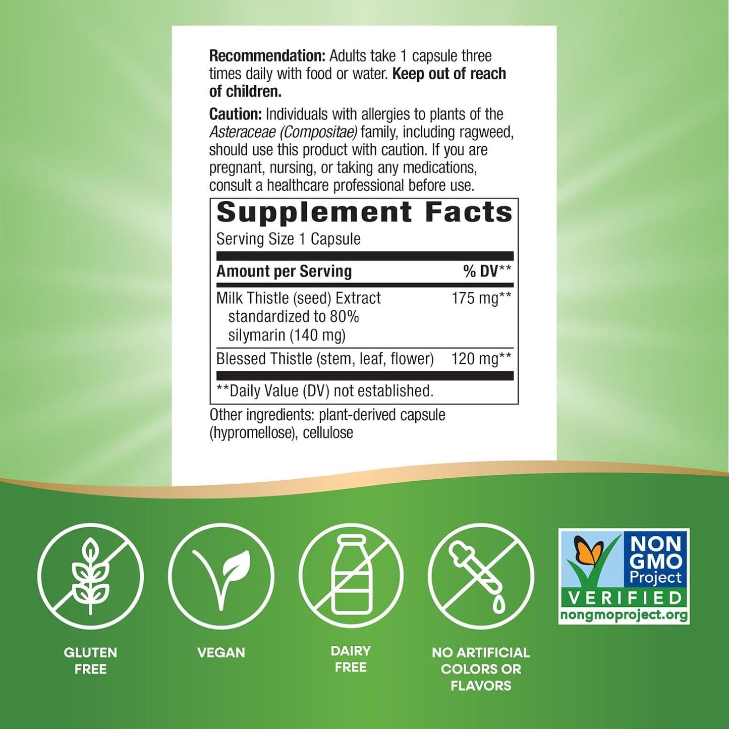 Supplement label with green background and 'Non-GMO Project' verification logo.