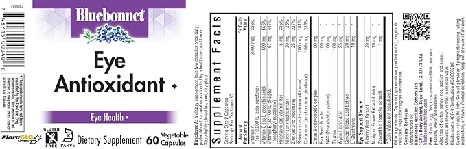 BlueBonnet Eye Antioxidant with Zeaxanthin Formula Vegetarian Capsules, 60 Count