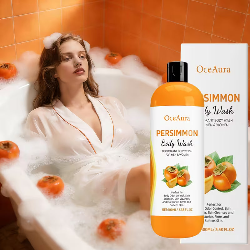 Woman in a bathtub with persimmon body wash products displayed.