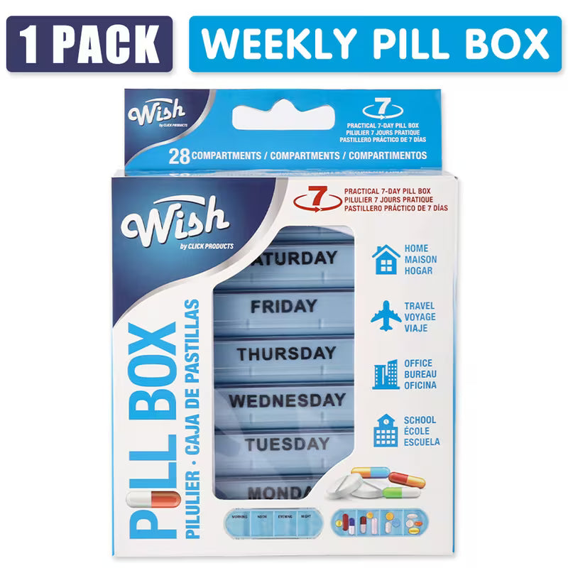 Weekly pill box packaging with 'Wish' branding on a white background