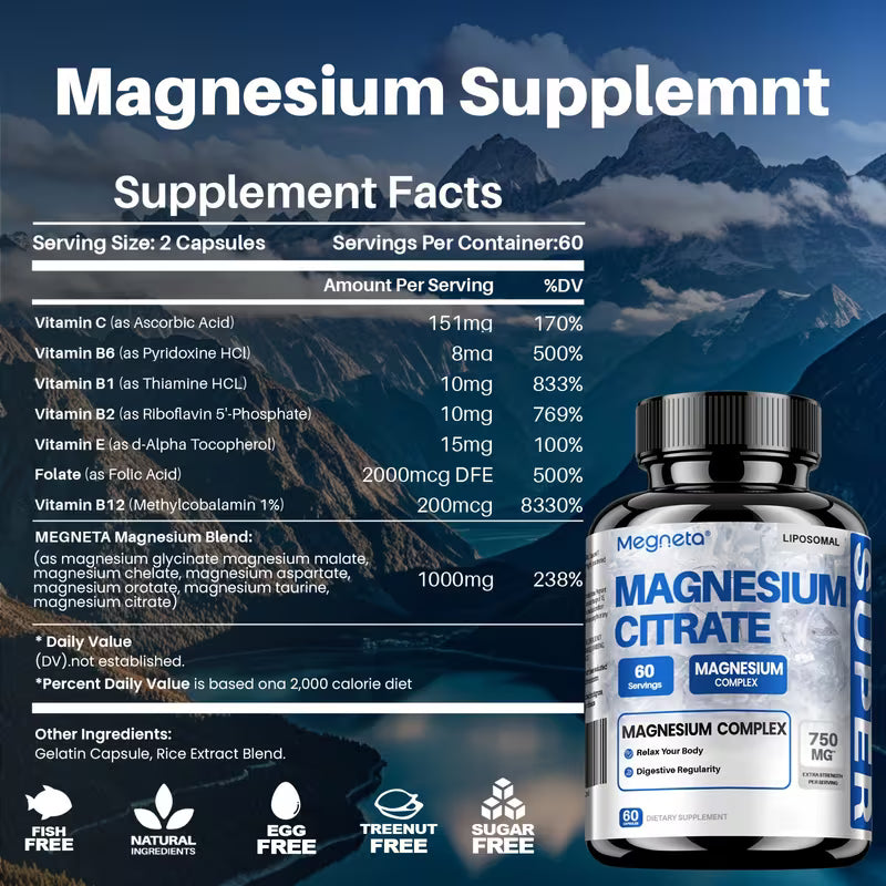 Magnesium supplement bottle with supplement facts against a mountainous background