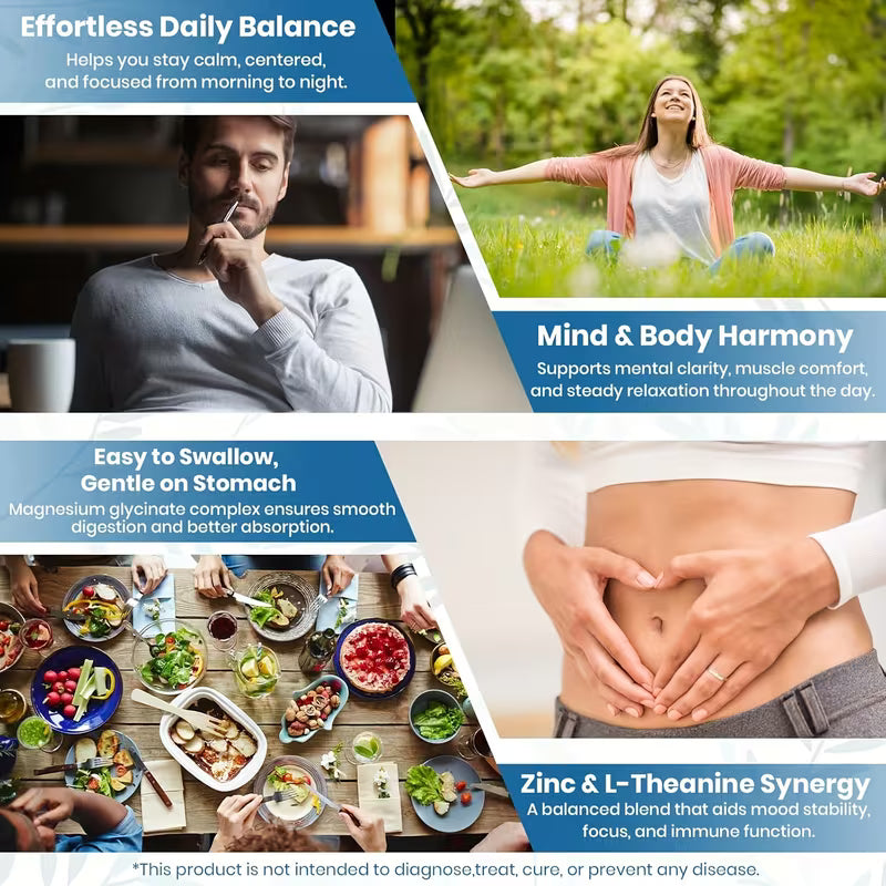 Promotional graphic for a product related to mental clarity, muscle comfort, and digestion with images of people in various settings.