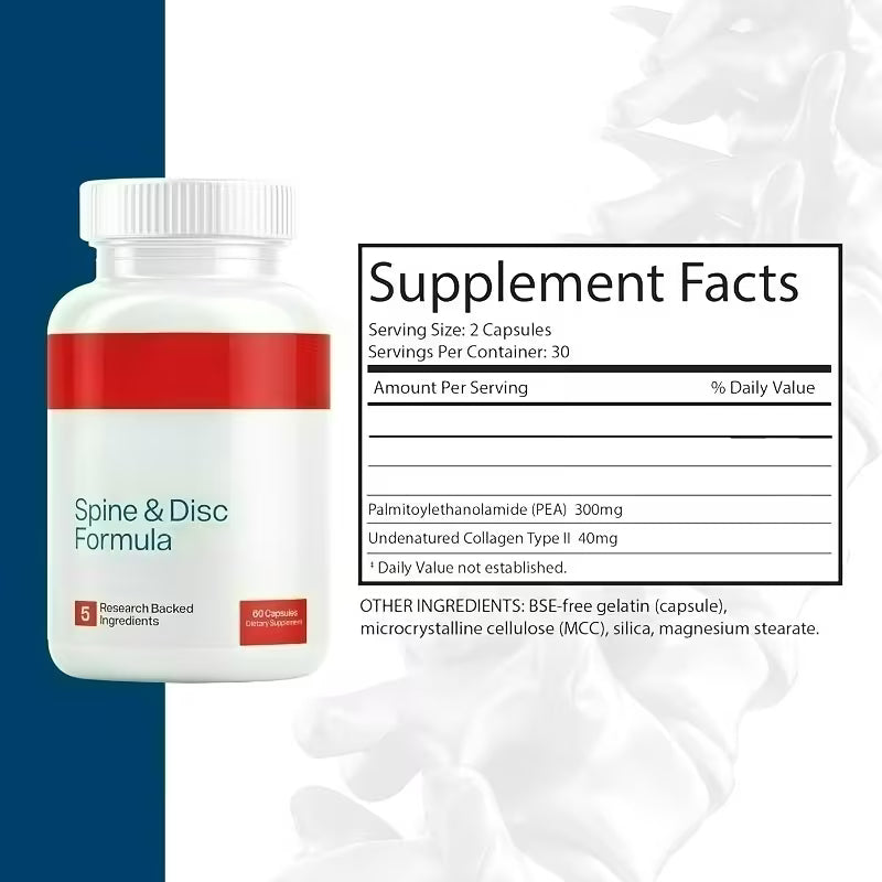 Supplement bottle labeled 'Spine & Disc Formula' with supplement facts label on a white and blue background.