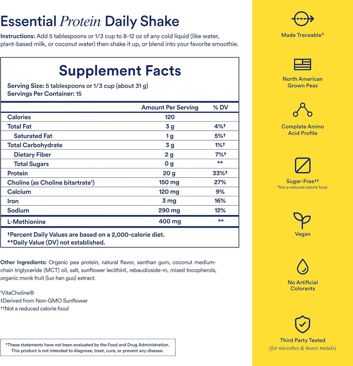 Nutritional label for an essential protein daily shake with supplement facts and health benefits on a yellow background.
