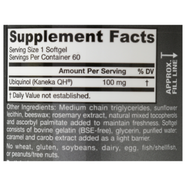 Supplement facts label with ubiquinol (Kaneka QH) on a white background
