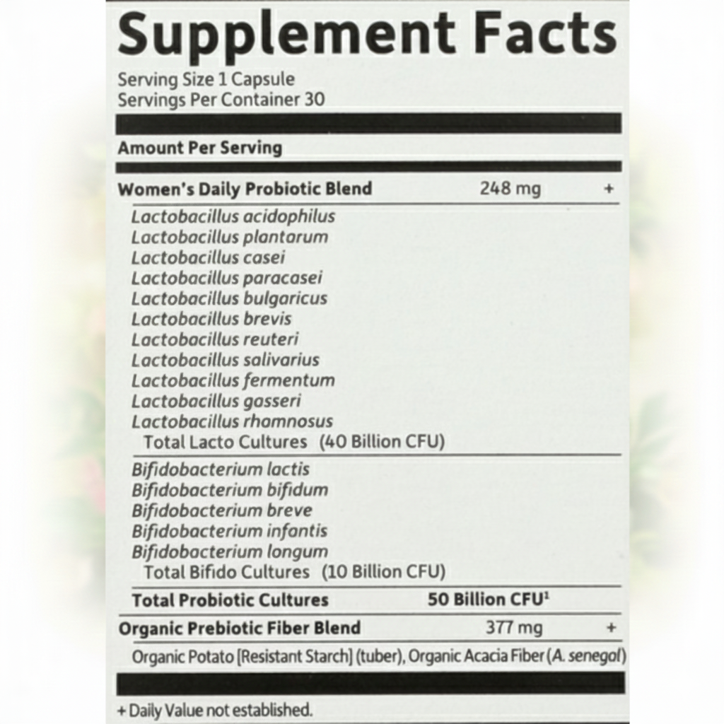 Probiotic supplement facts label showing 50 Billion CFU, 16 Strains, and Organic Prebiotic Fiber.