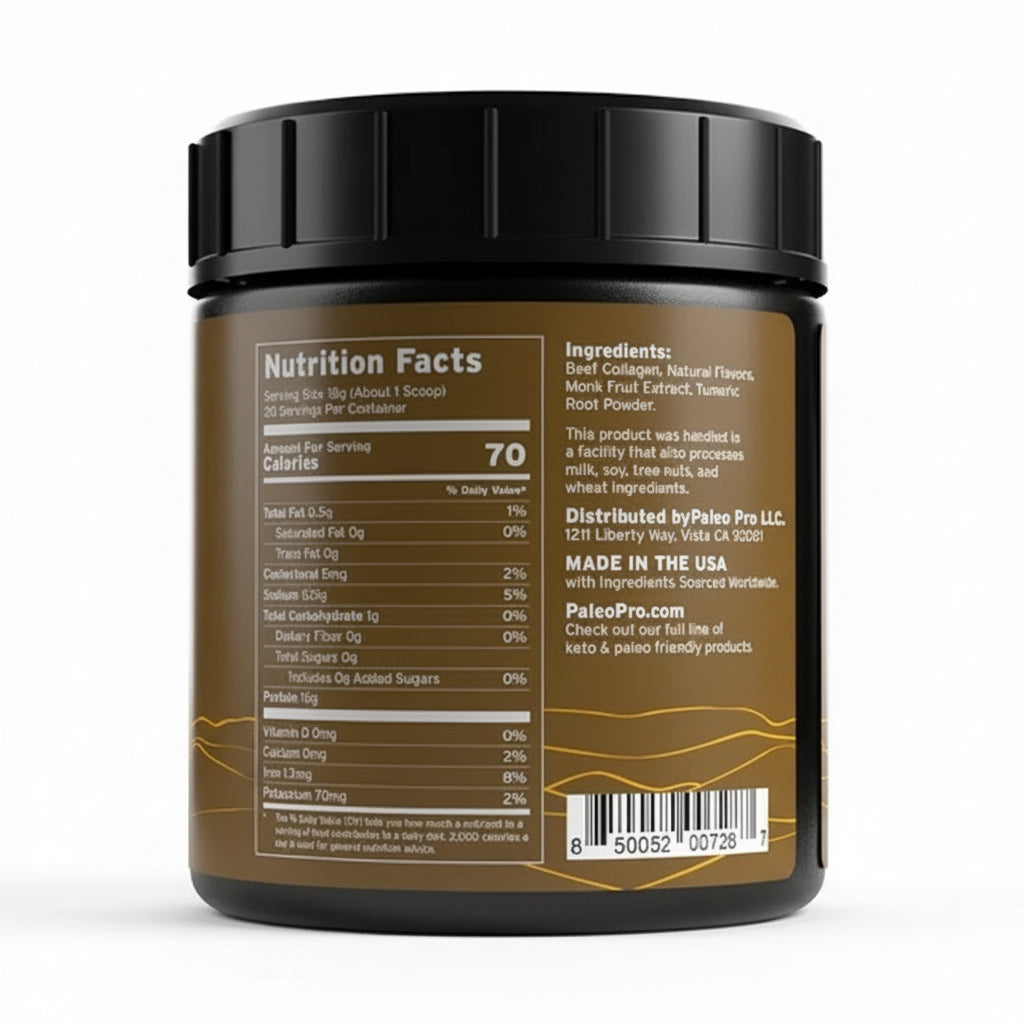 Back label of a supplement container with nutrition facts and ingredients on a white background