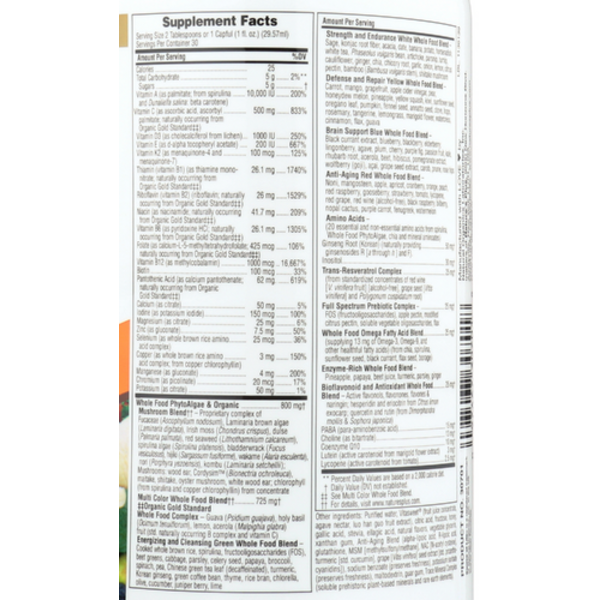 Supplement label with detailed nutritional information on a white background