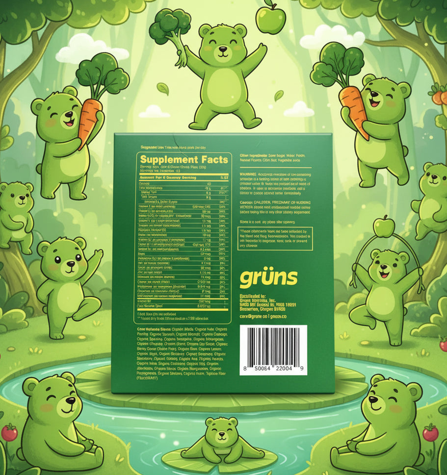 Back of a green supplement package with 'grüns' branding and nutritional information.
