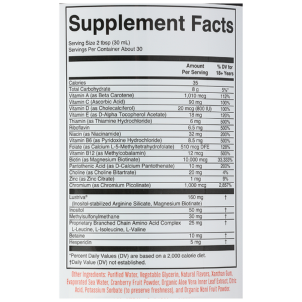 Supplement facts label with detailed nutritional information on a white background