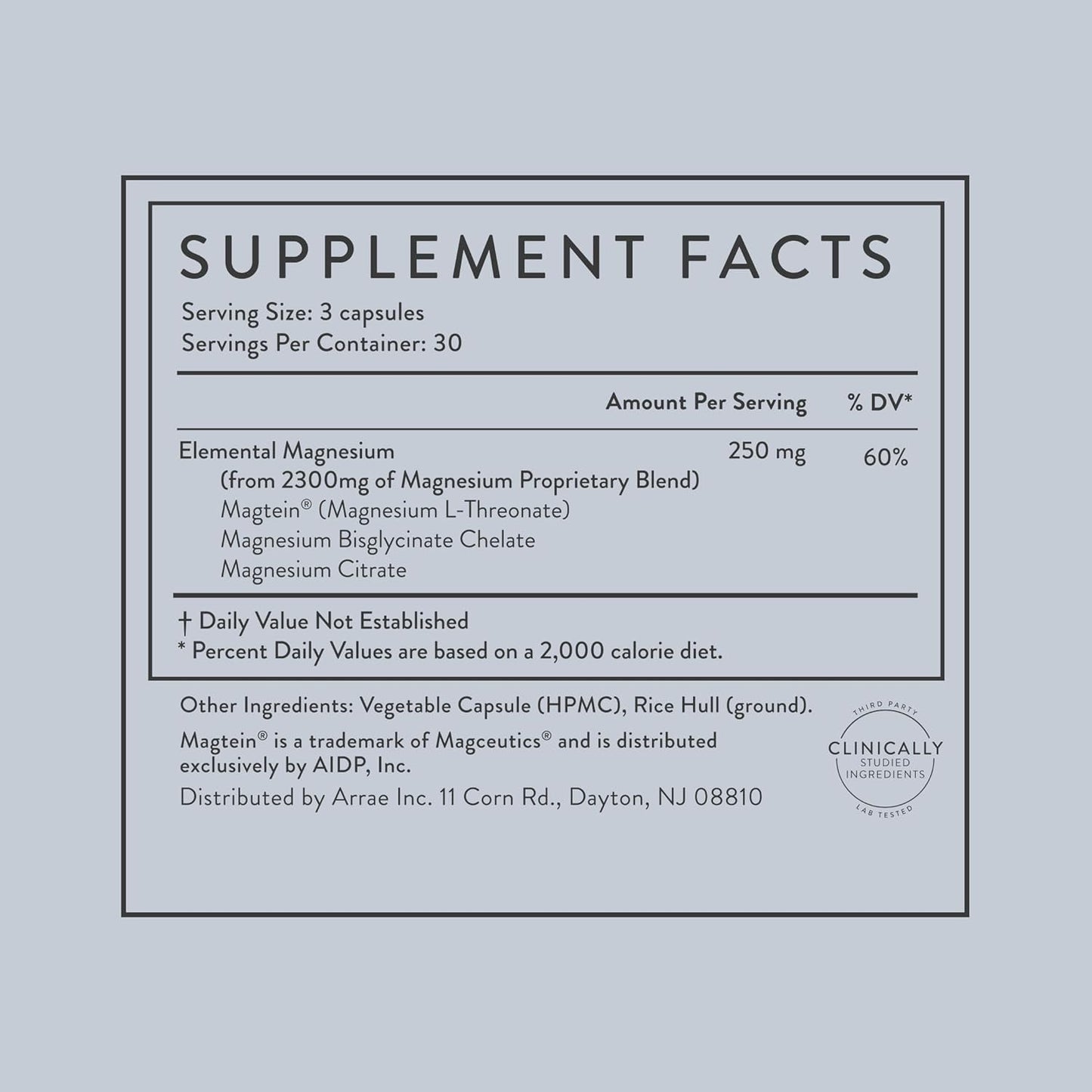 Supplement facts label on a light gray background
