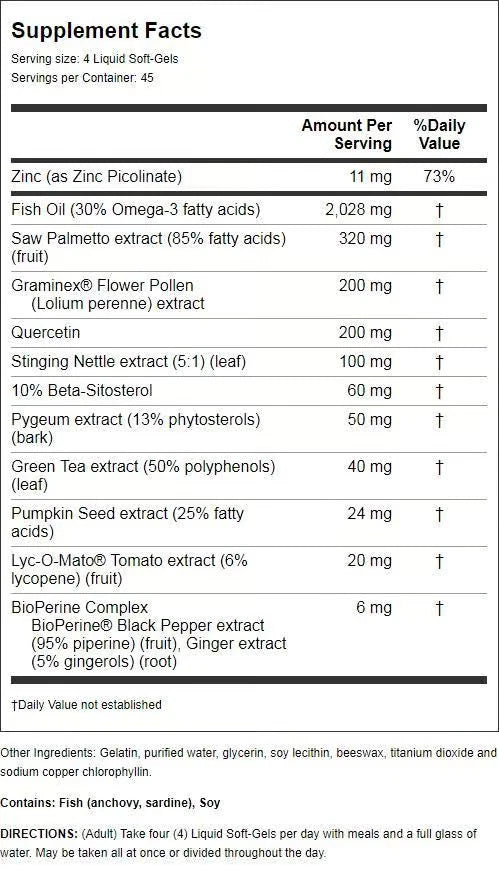 Supplement facts label with various health benefits listed