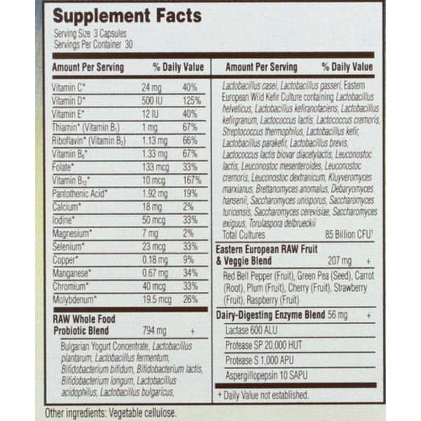 Supplement facts label with detailed nutritional information on a white background