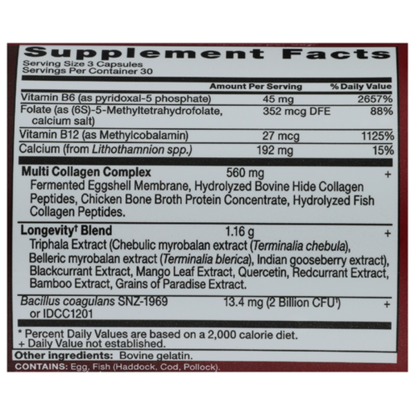 Supplement label with detailed nutritional information and ingredients on a white background