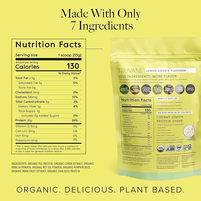 Truvani Vegan Pea Protein Powder | Lemon Cookie | 20g Organic Plant Based Protein | 10 Travel Packets | Keto | Gluten & Dairy Free | Low Carb | No Added Sugar