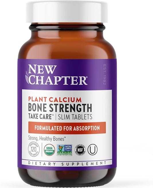 New Chapter Calcium Supplement - Bone Strength Organic Calcium with Magnesium, Vitamin D3+K2, 70+ Trace Minerals for Bone Health, Gluten Free, Easy to Swallow Slim Tablets - 120 Count