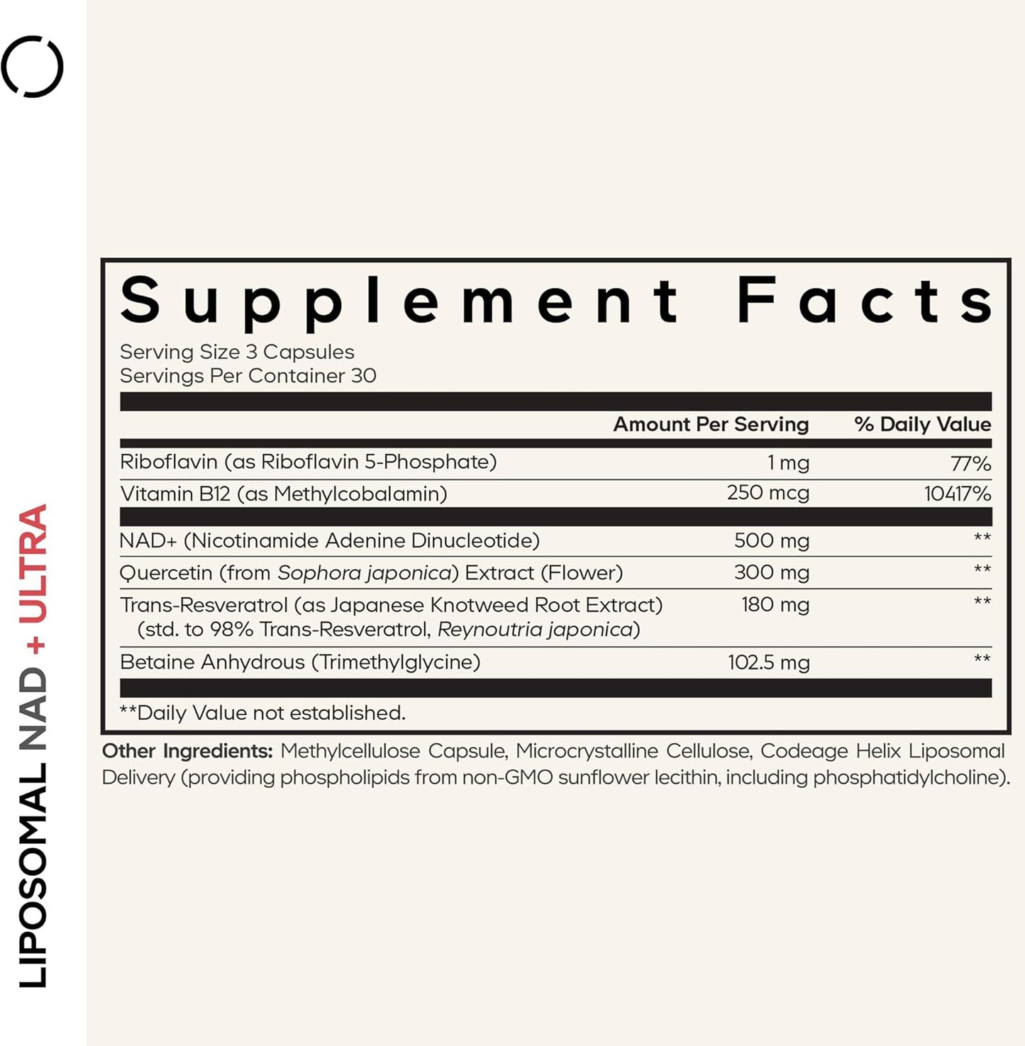 Supplement facts label with detailed nutritional information on a white background