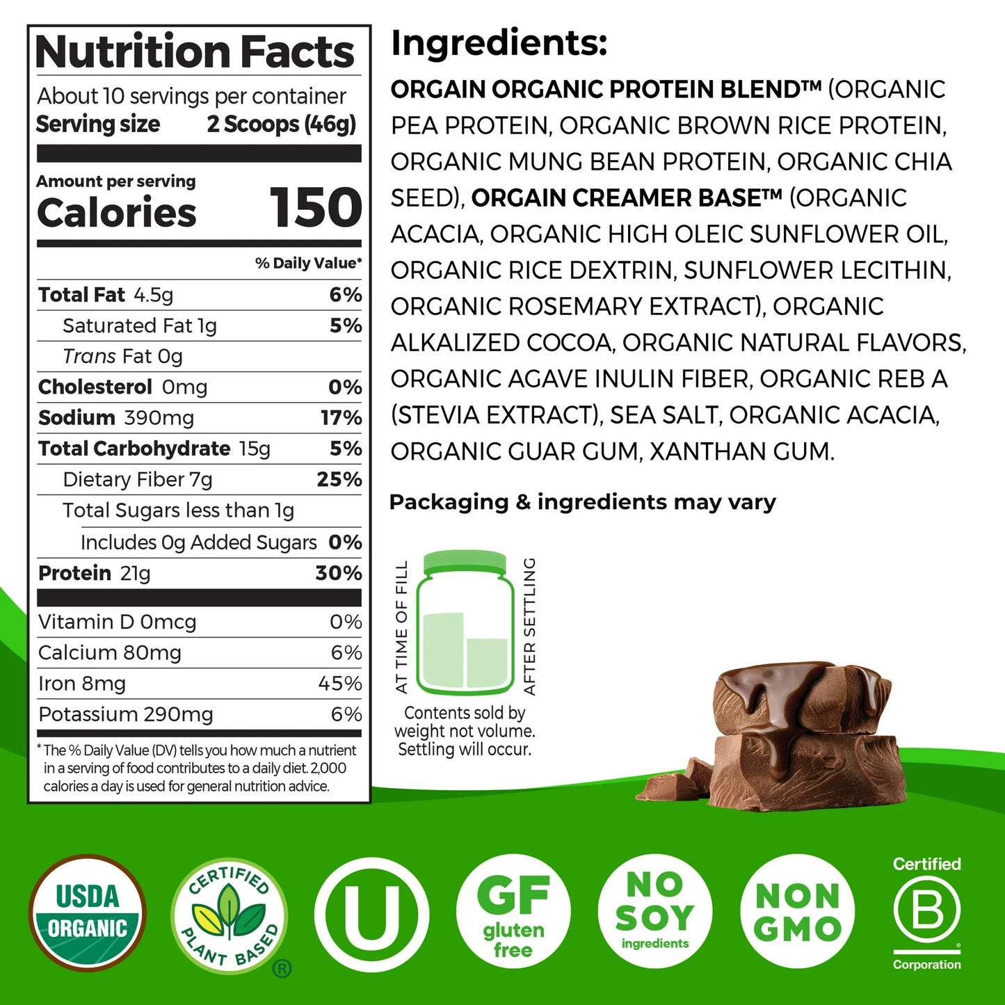 Nutrition facts and ingredients label for a protein product with a green background.
