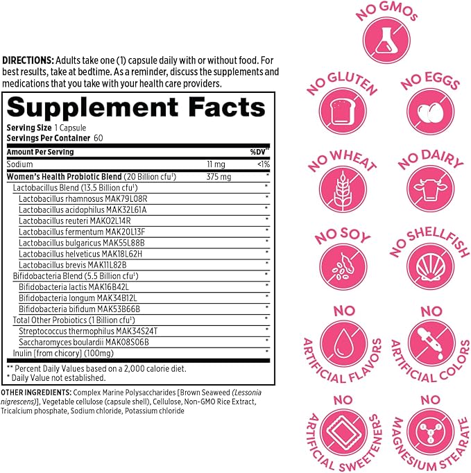 Probulin Women’s Health Probiotic + Prebiotic for Vaginal, Gut & Immune Health - 20 Billion CFU - 12 Probiotic Strains, 60 Vegan Capsules