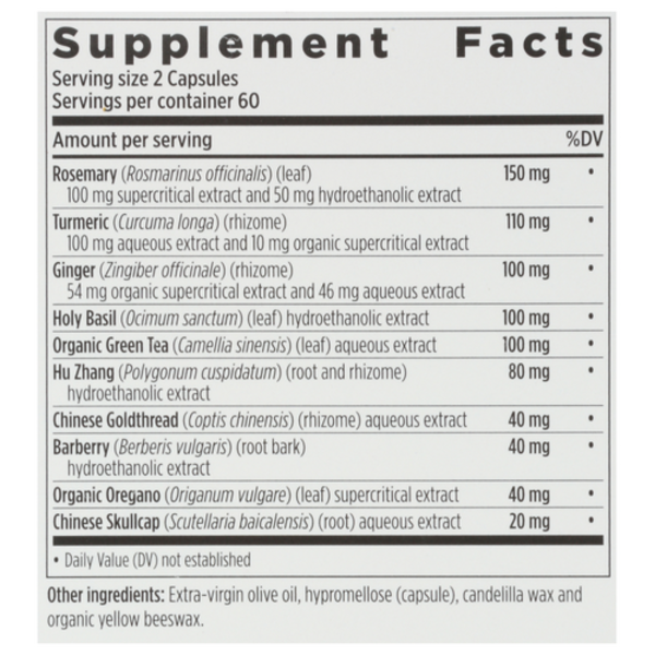 Supplement facts label with various herbs and their amounts per serving