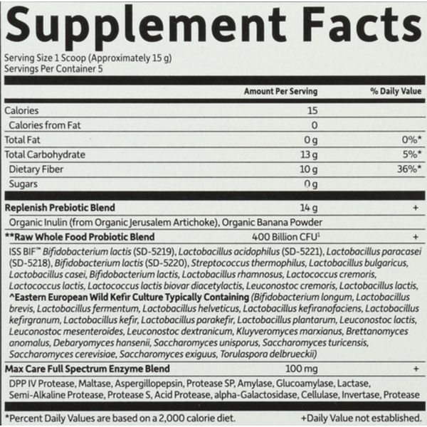 Supplement facts label with detailed nutritional information and ingredients.