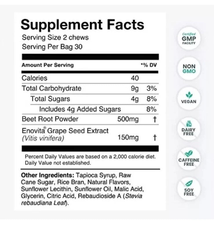 humanN SuperBeets Heart Chews, Nitric Oxide and Blood Pressure Support, Grape Seed Extract & Non-GMO Beet Root Powder Energy Supplement, Pomegranate Berry Flavor, 60 Count