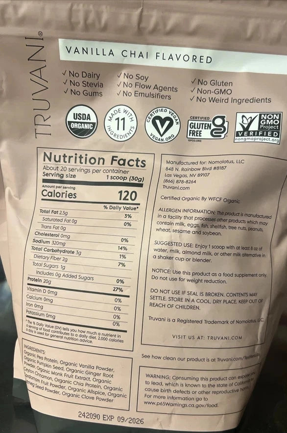 Vanilla Chai flavored powder package with nutrition facts and certification logos.