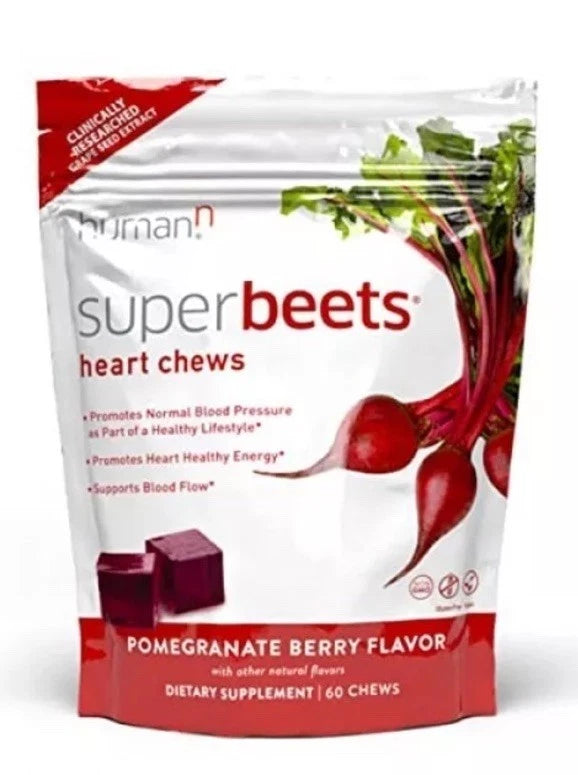 humanN SuperBeets Heart Chews, Nitric Oxide and Blood Pressure Support, Grape Seed Extract & Non-GMO Beet Root Powder Energy Supplement, Pomegranate Berry Flavor, 60 Count