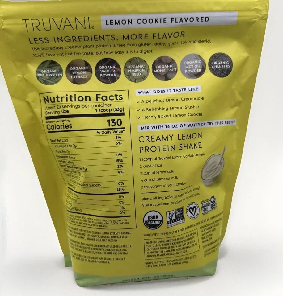 2 Pack! Lot of TWO Truvani Lemon Cookie Protein Powder 23.07oz 1.44lbs Ex 6/27