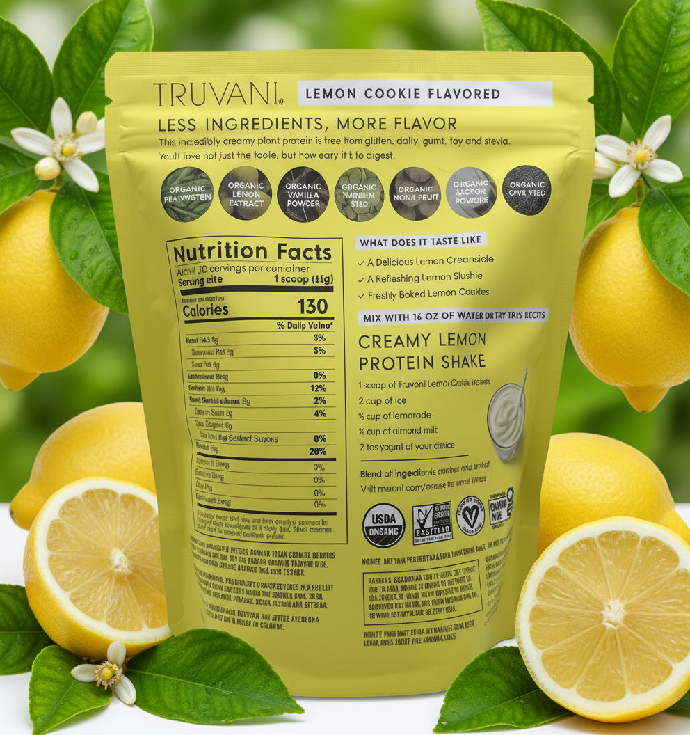 Truvani Lemon Cookie Protein Powder Supplement Facts label showing 20g of protein and organic ingredients like pea and pumpkin seed protein.
