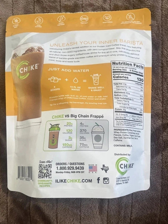 Chike product packaging on a brown textured surface