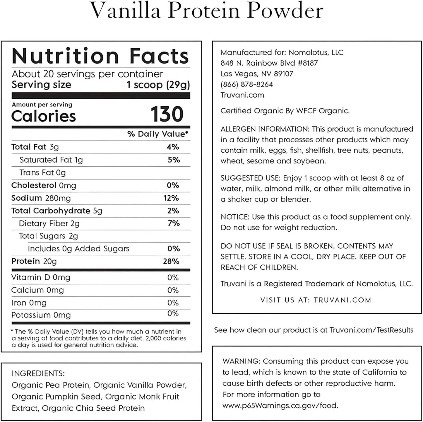 Truvani Vanilla Plant-Based Protein Powder (2-Pack) | Organic & Vegan | 20 Servings Per Bag | 20.95 oz Each