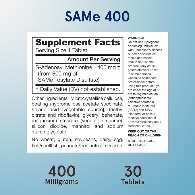 Jarrow Formulas SAMe 400 mg, Supports Joint Health, Liver Function, Brain Metabolism, 30 Tablets, Up To a 30 Day Supply