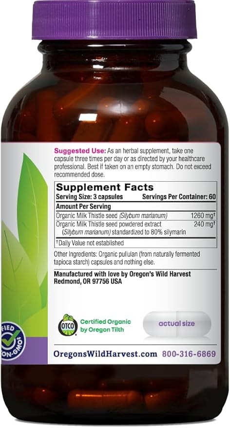 Oregon's Wild Harvest Milk Thistle Organic Non-GMO Herbal Supplement - pullulan (Plant sourced) Vegan Capsules, 180 Count