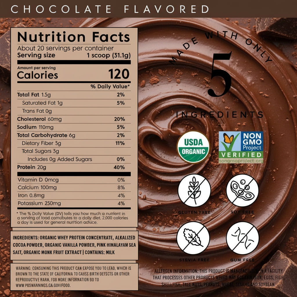Close-up of the label highlighting the short list of 5 organic ingredients and 20g protein.