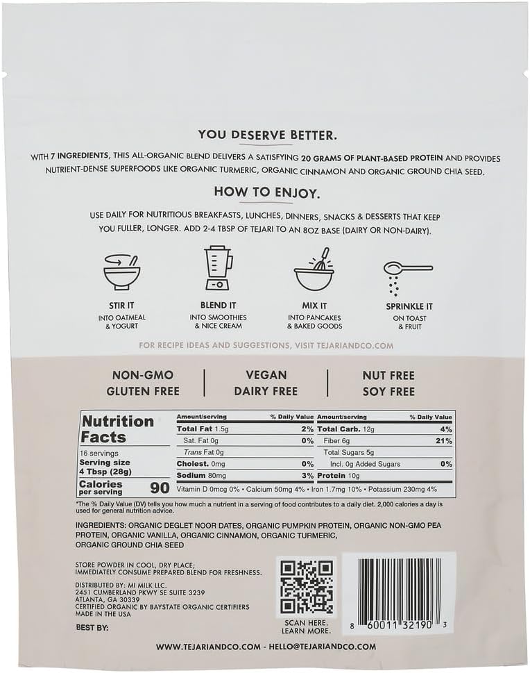 Back of a protein powder package with text, instructions, and nutritional information.