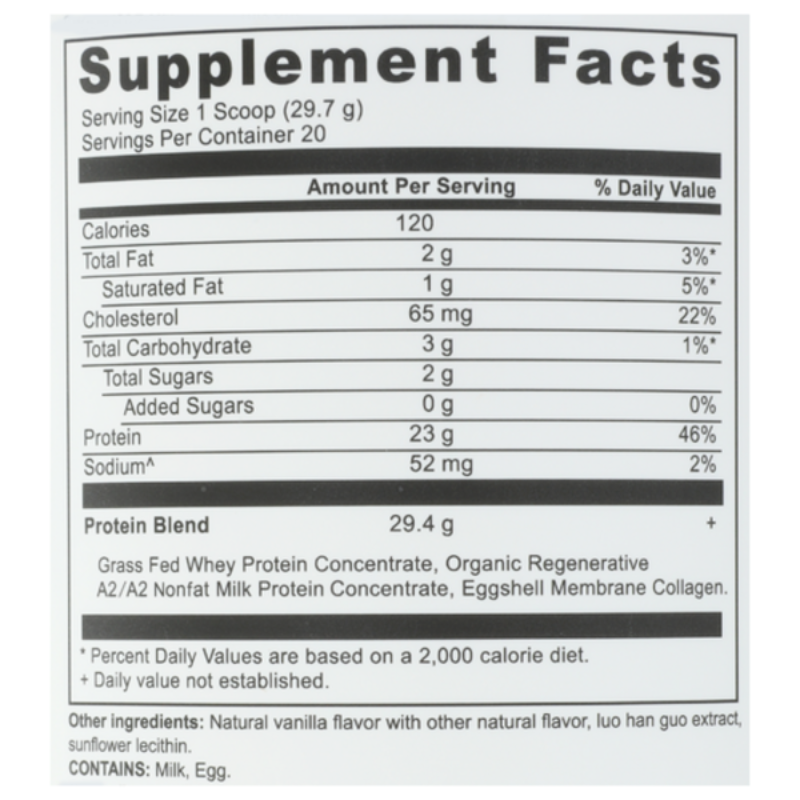 Supplement facts label for a protein product with detailed nutritional information.