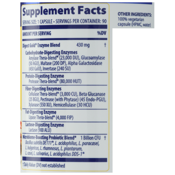 Supplement facts panel for Enzymedica Digest Basic + Probiotics showing enzyme units and probiotic cultures.
