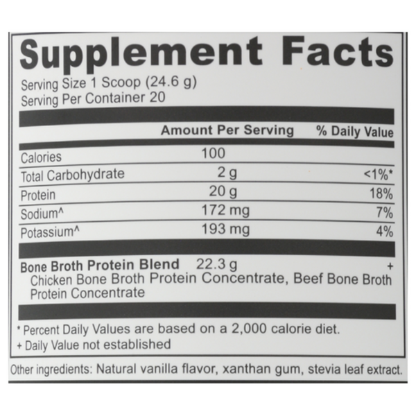 Supplement facts label for a bone broth protein blend with nutritional information.