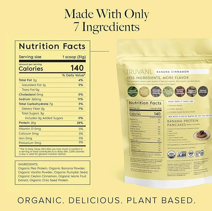 Nutrition facts label and package of Truvani banana cinnamon protein powder on a yellow background.