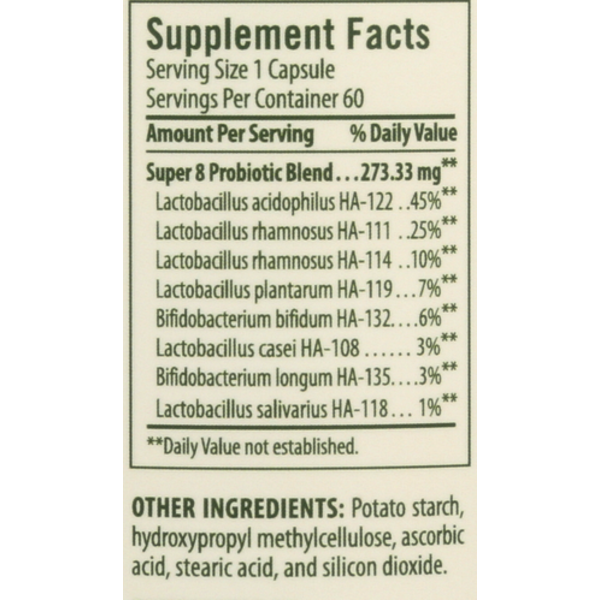 Supplement facts label for a probiotic product on a white background