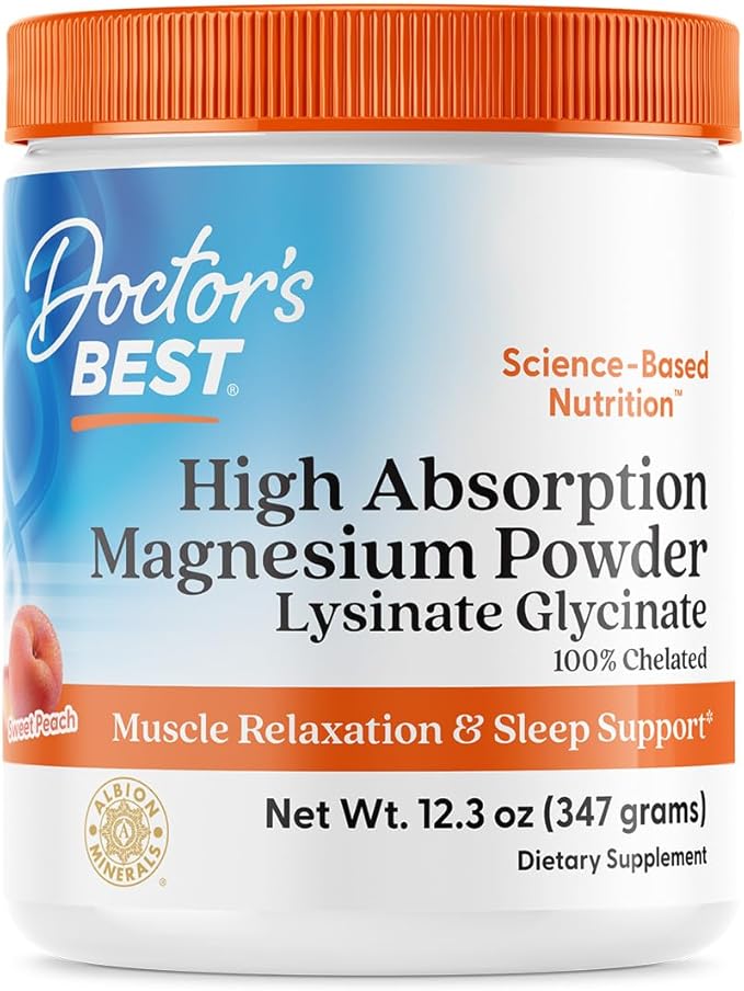 Doctor's Best High Absorption Magnesium Powder (Peach Flavored) 100% Chelated TRACCS, Not Buffered, Headaches, Muscle, Vegan, Peach Flavor, 12.3 Ounce