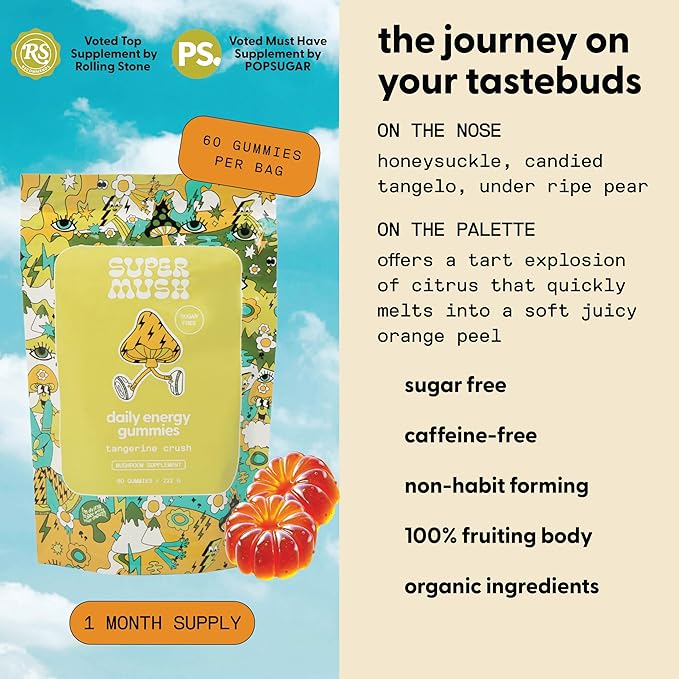 Energy Mushroom Gummies - Organic Lions Mane Supplement with Cordyceps, Rhodiola, L-Theanine, Maca - Vegan & Sugar-Free - Energy, Focus, Stamina, Stress Reduction - 60 Gummies (30 Servings)