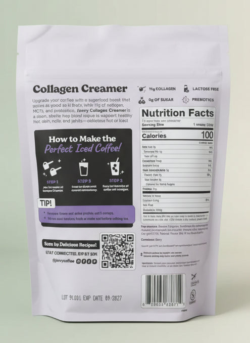 A close-up of the product label featuring the "11g Collagen Protein" and "MCTs" callouts.